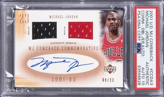 2001-02 Upper Deck "MJ Comeback Commemorative" Double Jersey Autograph #CCDA3 Michael Jordan Signed Game Used Jersey Card (#09/23) – PSA Authentic, PSA/DNA 10